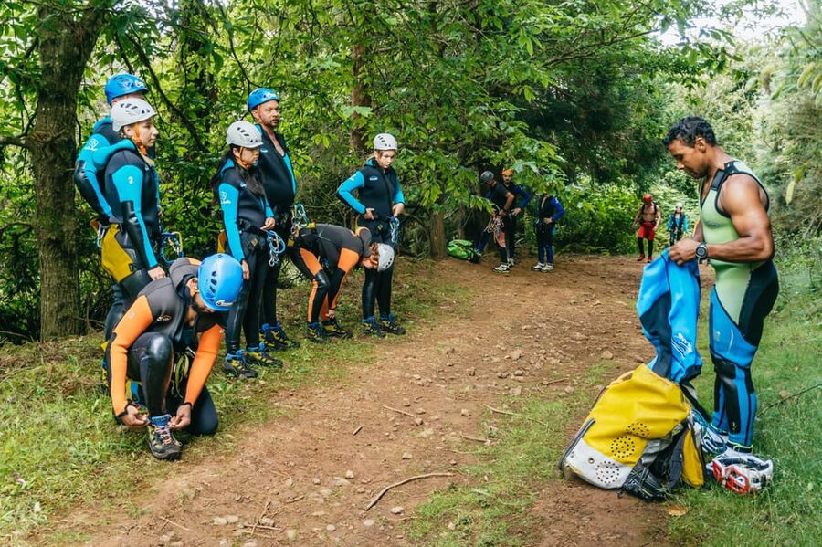 Madeira Canyoning Beginners – Easy & Fun Waterfall Adventure - Entering Madeira’s natural obstacle course